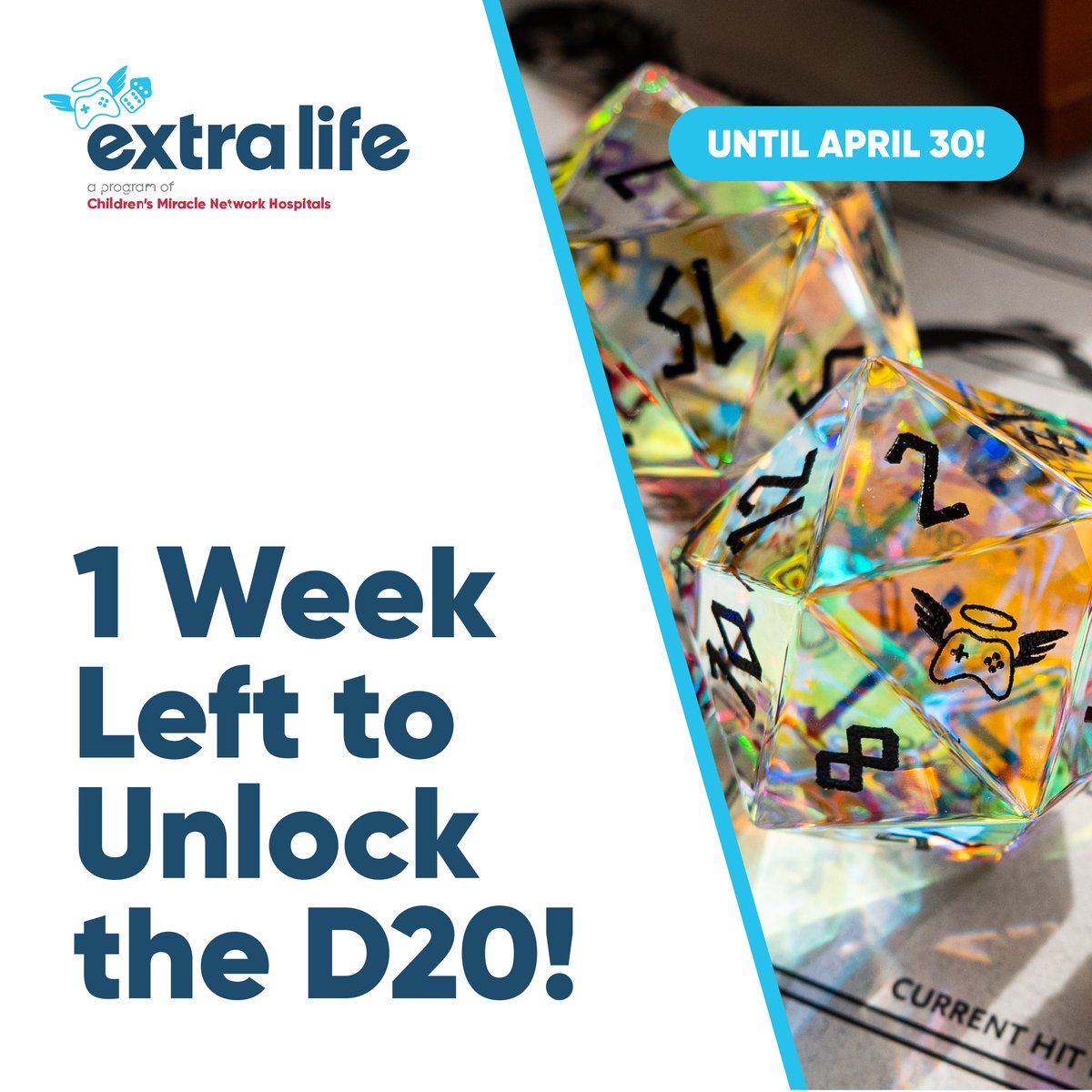 The clock's ticking on the #D20 unlock, available until April 30. 🎲 This gorgeous die, in collaboration with @norsefoundry, is a symbol of your dedication to making a difference for local #kids. Join the #ExtraLife family today, & let's roll for a cause: cmnh.co/0nj