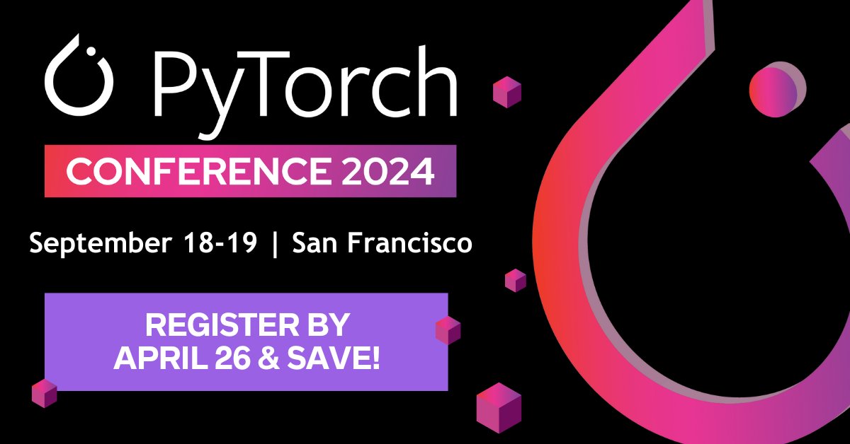 Join us in San Francisco for #PyTorchConf, September 18-19, & discover the cutting-edge #MachineLearning framework revolutionizing #OpenSource! We'll bring you world-class content covering the future of #AI & #ML innovation. 🚀 Register by April 26 & SAVE: hubs.la/Q02tm-nZ0