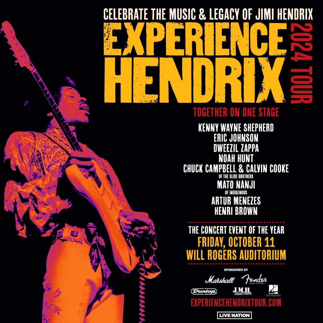 🎸Get ready to be blown away! 🎸Experience the legend of Jimi Hendrix like never before! Experience Hendrix 2024 Tour is coming to Will Rogers Auditorium on October 11th featuring Kenny Wayne Shepherd, Eric Johnson, Dweezil Zappa, Noah Hunt, Chuck Campbell & Calvin Cooke of the…