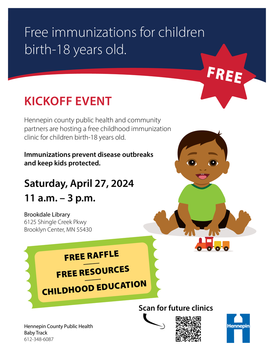We are excited to be kicking off National Infant Immunization Week (#NIIW) by sharing @Hennepin County Public Health's free childhood immunization clinic for children birth to 18 years old. This event is free and open to all!