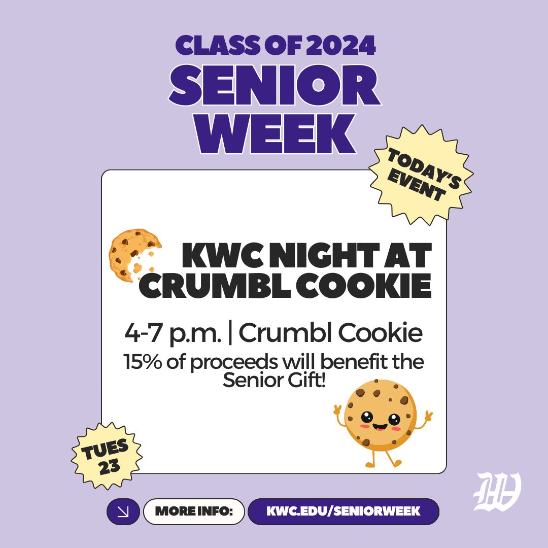 On the 3rd day of #KWCSeniorWeek, we eat cookies! 🍪 See you at Crumbl Cookie TONIGHT! 🎓 #KWCSeniorWeek #TheWesleyanWay