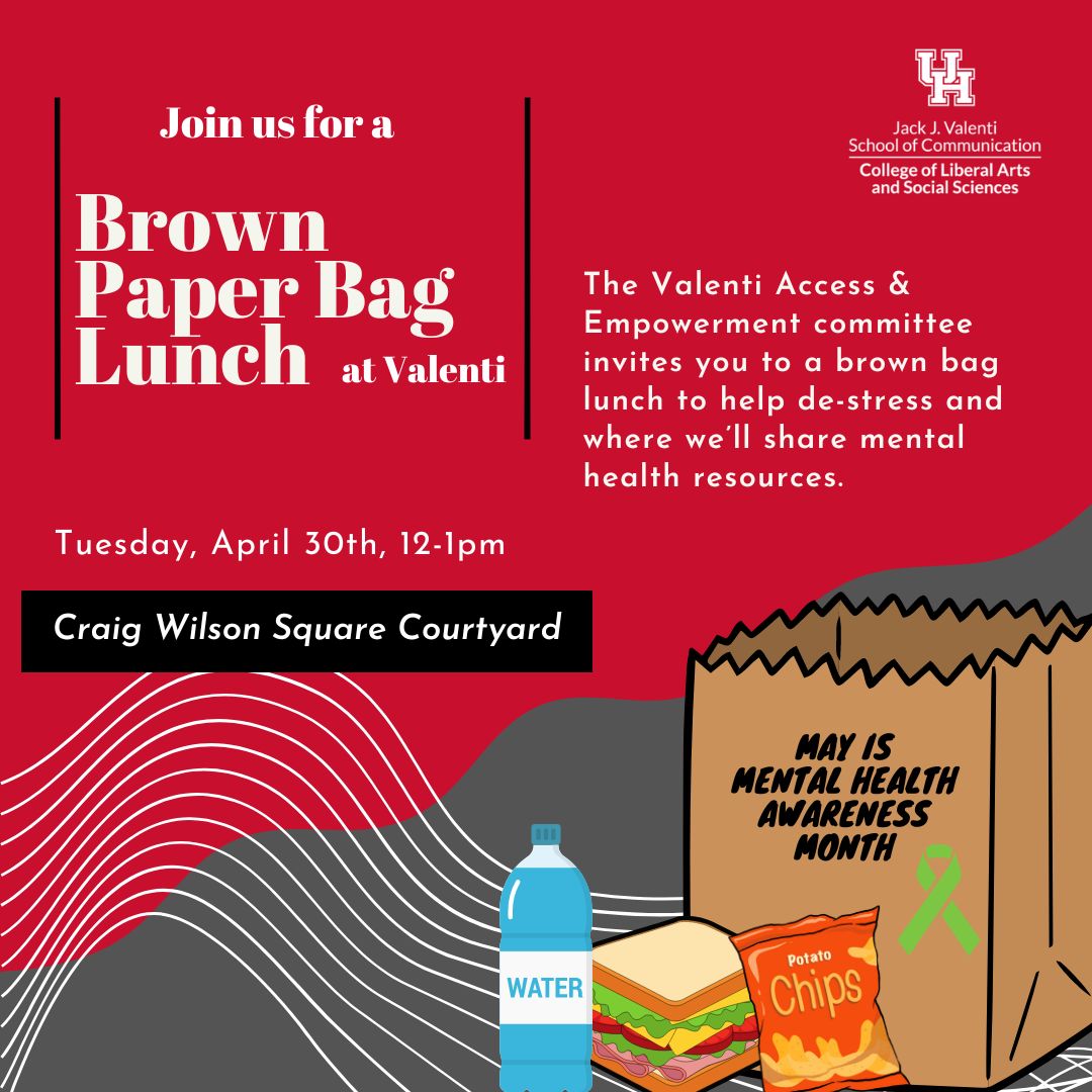 A reminder that next week is the Brown Paper Bag lunch that is being hosted by The Valenti Access and Empowerment Committee in the Craig Wilson courtyard from 12-1pm in honor of Mental Health Awareness month coming up in May. Feel free to bring your own food!
