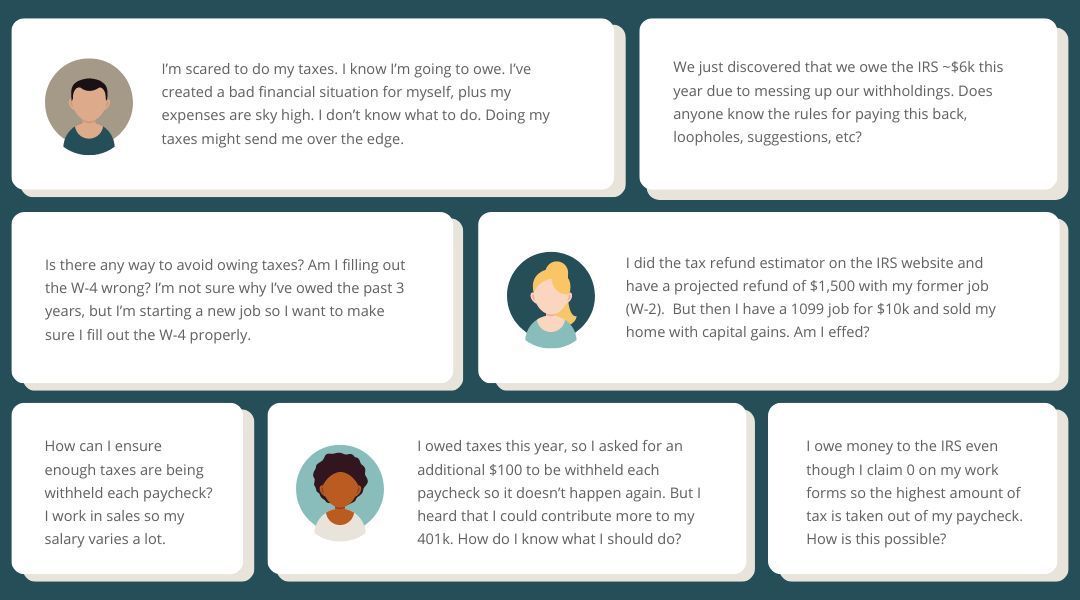 MakingYourMM's tweet photo. No one likes tax surprises (these comments in the photo are adapted from actual comments in personal finance groups). 

If you hold your breath each year until your tax forms are filed, it's time to understand and take charge of your tax withholding.

https://t.co/0TBPizkIUQ https://t.co/qrEiMtC9Ko