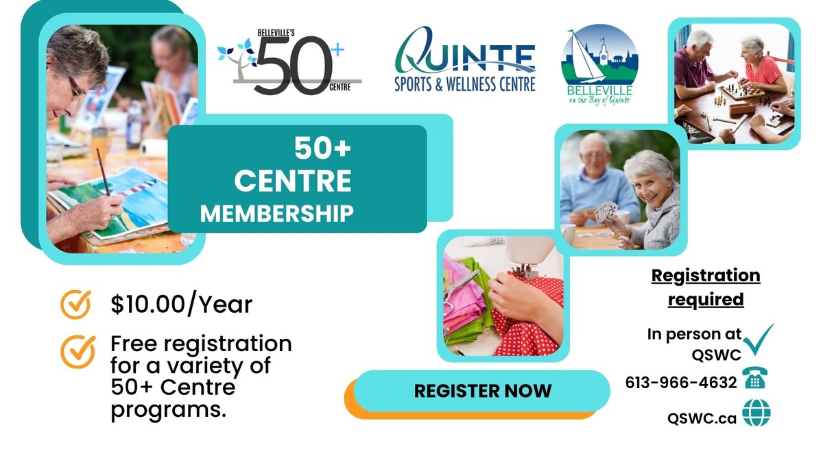 Sign up for your annual 50+ Centre Member for $10 and gain access to a wide variety of programs for free! To register call 613-966-4632, visit QSWC.ca or stop by in person at the customer service desk at Quinte Sports & Wellness Centre.
