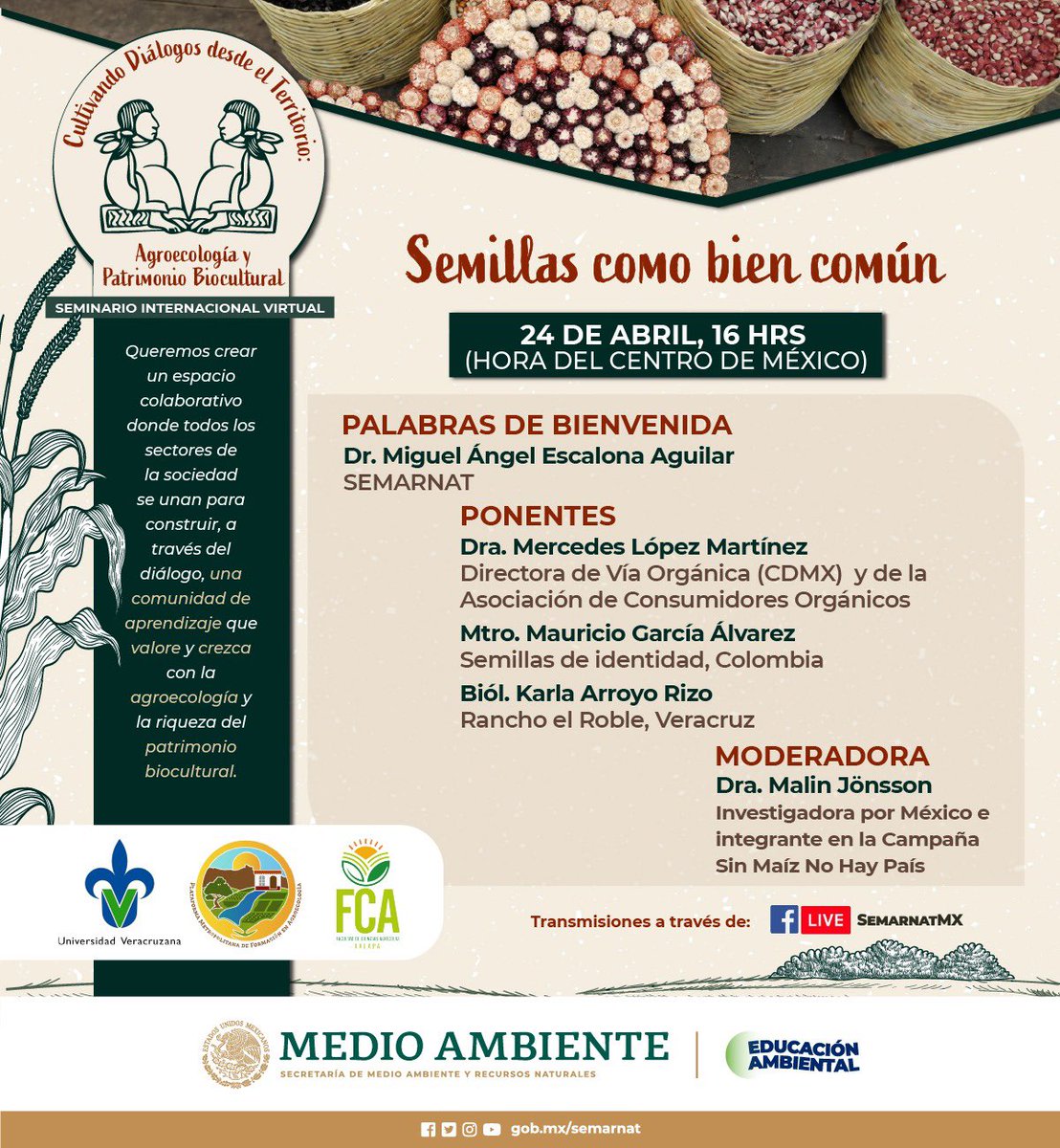 Te invitamos a la siguiente transmisión del Seminario Internacional Virtual 'Cultivando Diálogos desde el Territorio: Agroecología y Patrimonio Biocultural'. 🌱🌍 🌱 “Semillas como bien común”. 🌱 📆 24/04/24 ⏰ 16:00 hrs.