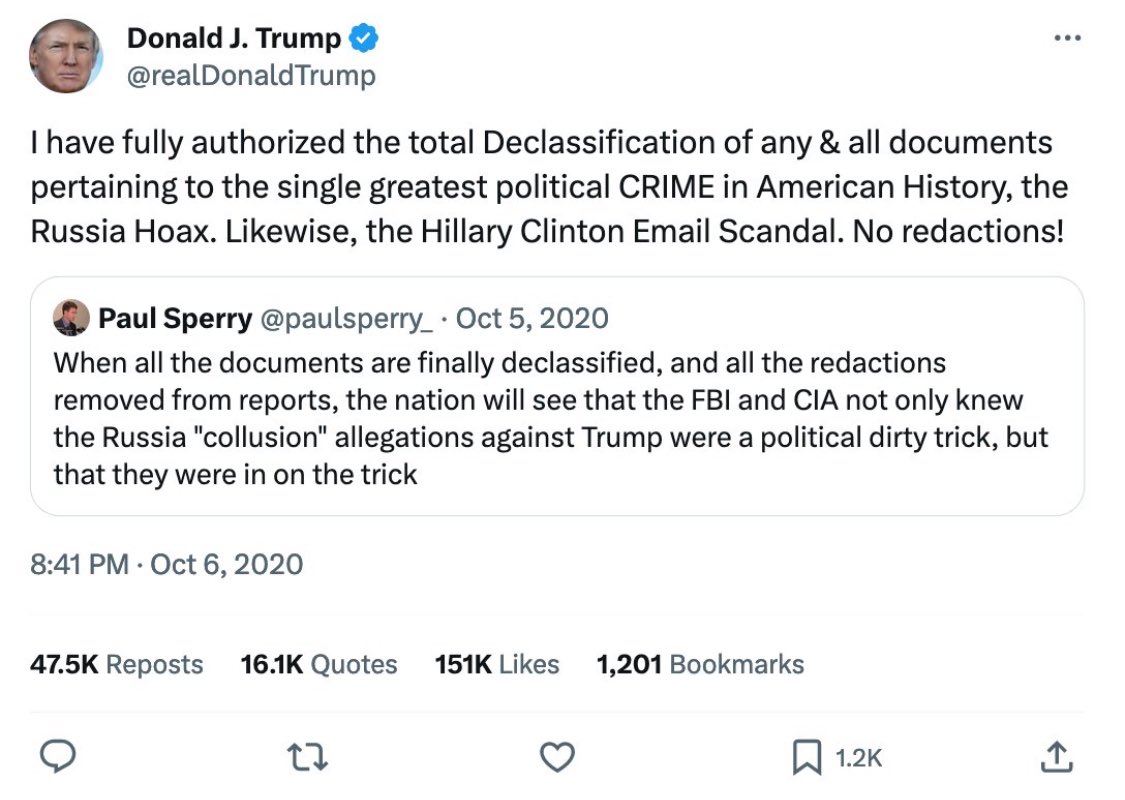 Your overthrown government raided Trump is because Trump declassified the attempted overthrow of your government in 2016 and kept a copy, Crossfire Hurricane documents are destructive to the perpetrators Barack Obama, Joe Biden, Hillary Clinton, John Brennan, James Comey, James