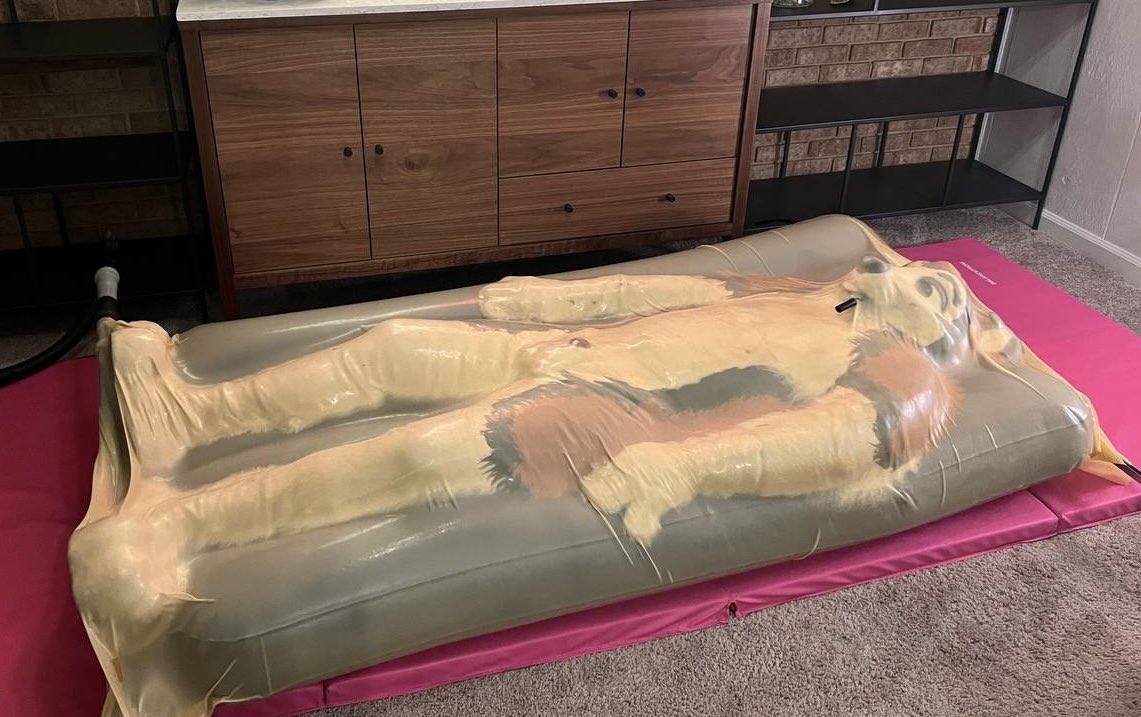 So many fun ways to seal up a dog. Transparent latex over air mattress this time.