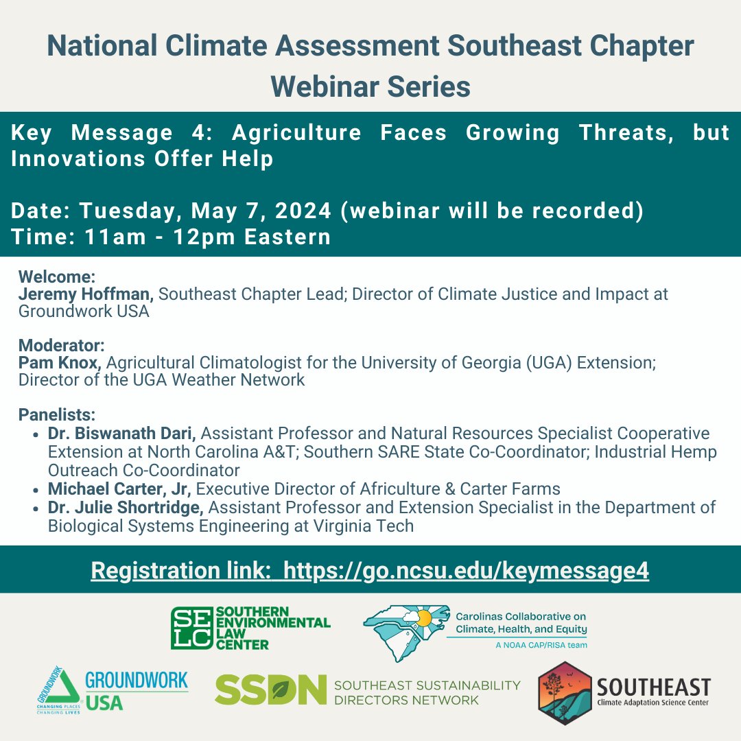 se_casc's tweet photo. The next and last of the National Climate Assessment Southeast Chapter webinars is on Key Message 4, "Agriculture Faces Growing Threads, but Innovations Offer Help."

Join us May 7, 11AM-12PM EST. Register here: https://t.co/aSgpPGS0gB  @usgs_climate #agriculture #NCA5 https://t.co/2CePTa2f93