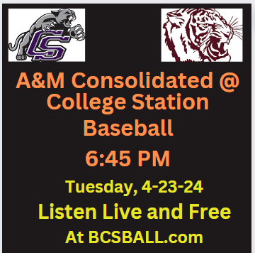 LISTEN LIVE AND FREE TONIGHT AT 6:45 PM. #ConsolidatedBaseball vs #CollegeStationBaseball on bcsball.com. @AMCHSTigerClub @ConsolBaseball @AMCHSAT @CSISDAthletics @RLennerton @CoachLitton43 @baseballcshs @CSHSCougarDen @TheCougarWay @MyBCSsports