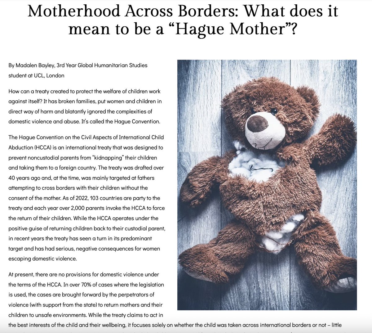 Great article by Global Humanitarian Studies student Madalen Bayley on 'Motherhood Across Borders: What does it mean to be a “Hague Mother”? Inspired by @s_ayebkarlsson & the lived experiences of mothers & children with the #HagueConvention. Read here: bit.ly/49S0QpvRea