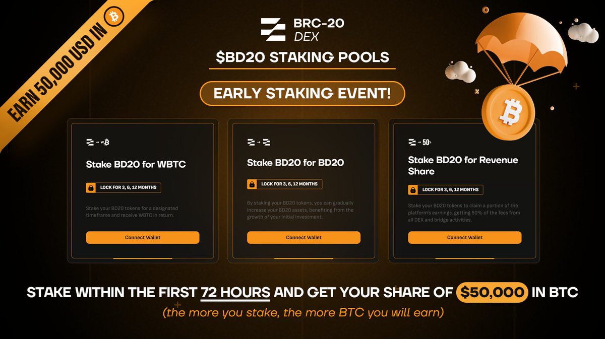 🚀 EARLY STAKING EVENT ALERT! 🚀 💸 EARN UP TO $50,000 IN #BTC! ✅ By only joining any of the $BD20 Staking Pools! Stake in any of the three pools within the first 72 hours to claim your share of $50,000 in BTC! 🔥 The more you stake, the higher your potential earnings! 🚀
