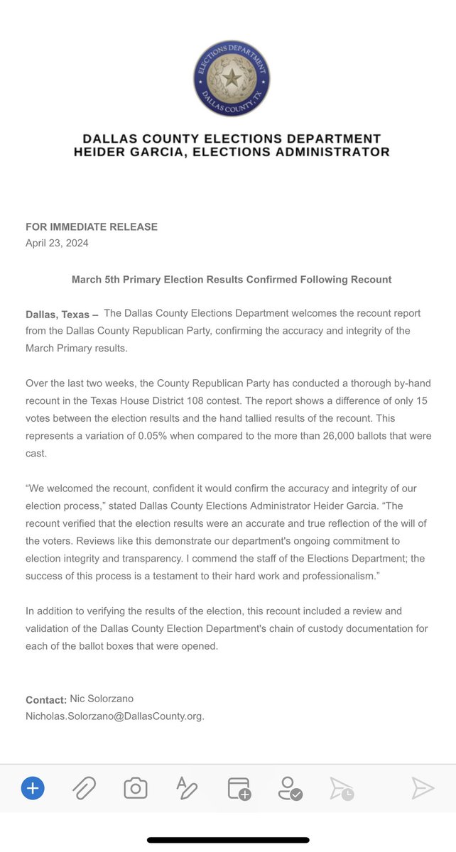 NEW: @DallasElections statement confirming results of the hand-recount by @DallasGOP in the Republican primary for House District 108 between incumbent @MorganMeyerTX & challenger @Wernick4Dallas. County says Meyer remains the winner of the March 5th primary. @CBSNewsTexas