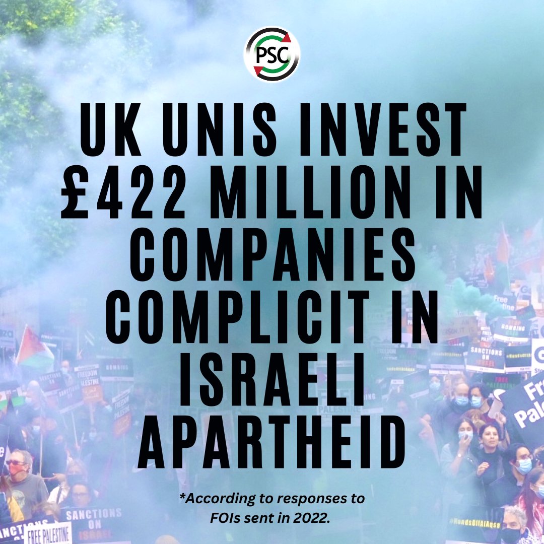 📢STUDENTS: UK unis invest an estimated £422 million in companies that support Israel's illegal military occupation. As Israel continues its brutal attack on Gaza It has never been more important to kick #ApartheidOffCampus! Find your uni & take action: palestinecampaign.org/campaigns/apar…