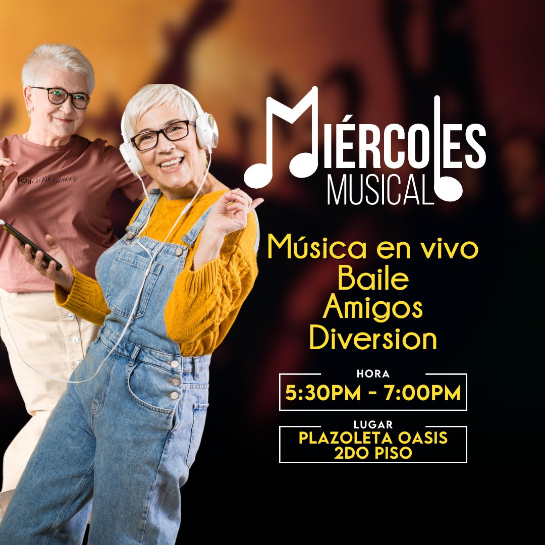 ¡No te pierdas la oportunidad de disfrutar de la mejor música bailable en vivo y diversión en nuestra mitad de semana #MiércolesMusical! ¡Te esperamos mañana!