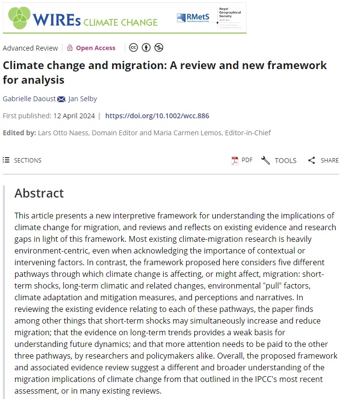 RGS-IBG Higher Ed (@rgs_ibghe) on Twitter photo 🌏New paper published in <a href="/WIREs_Reviews/">Wiley Interdisciplinary Reviews</a> Climate Change by Gabrielle Daoust (<a href="/UNBC/">University of Northern British Columbia (UNBC)</a>) and @jan_selby (<a href="/UniversityLeeds/">University of Leeds</a>):
'Climate change and migration: A review and new framework for analysis'. #OpenAccess
doi.org/10.1002/wcc.886 🌏New paper published in <a href="/WIREs_Reviews/">Wiley Interdisciplinary Reviews</a> Climate Change by Gabrielle Daoust (<a href="/UNBC/">University of Northern British Columbia (UNBC)</a>) and @jan_selby (<a href="/UniversityLeeds/">University of Leeds</a>):
'Climate change and migration: A review and new framework for analysis'. #OpenAccess
doi.org/10.1002/wcc.886