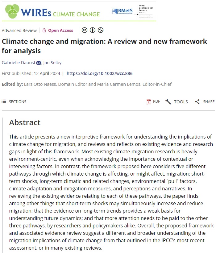 🌏New paper published in @WIREs_Reviews Climate Change by Gabrielle Daoust (@UNBC) and @jan_selby (@UniversityLeeds): 'Climate change and migration: A review and new framework for analysis'. #OpenAccess doi.org/10.1002/wcc.886