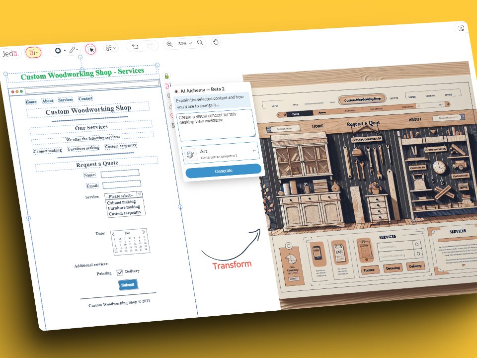 #PromptOfTheDay 🪵 Select your wireframe, choose Art as Alchemy output and use this command - 'Create a visual concept for this desktop view wireframe'.

👉 Try today at jeda.ai/generative-ai-…

#JedaAI #GenerativeAI #VisualPrompt #AI #Wireframes #UserExperience #UX #Mockups