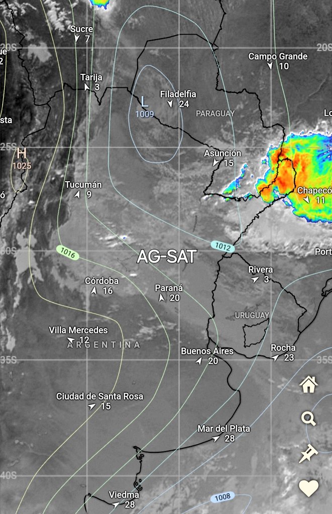 Evolución sinóptica un frente estacionario sobre NEA y centro de baja presión con avance de un frente frío sobre litoral en #Argentina La zona del NEA y norte permanece con inestabilidad, nubosidad y viento del cuadrante E rotando al SO ⛈️