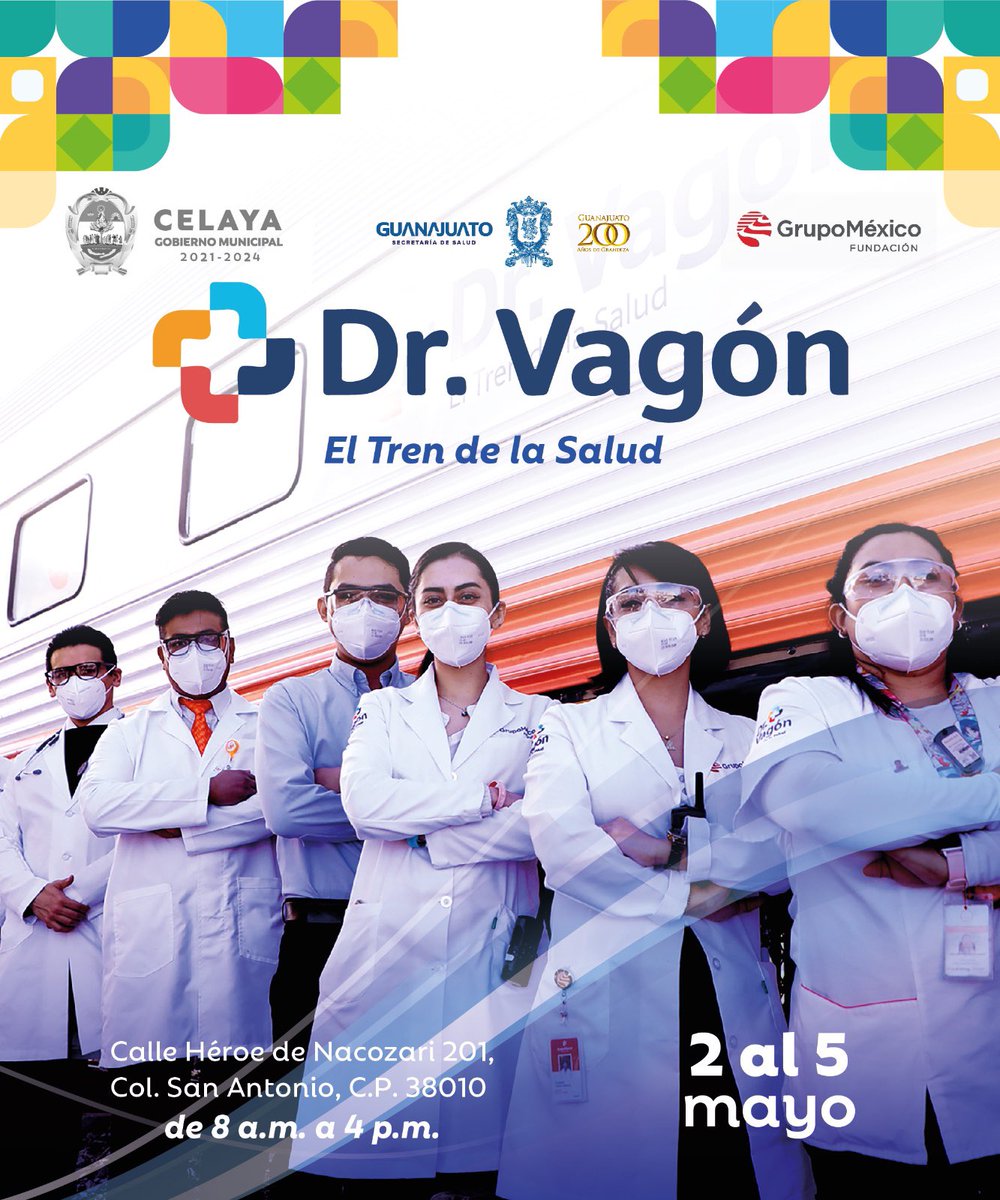 🚂 ¡El Doctor Vagón llega a Celaya! 🏥 Del 2 al 5 de mayo, te ofrece servicios médicos completos.
¡Acude a la Calle Héroe de Nacozari 201,  junto a la antigua estación del tren, de 8 a.m. a 4 p.m!
Municipio de #Celaya.