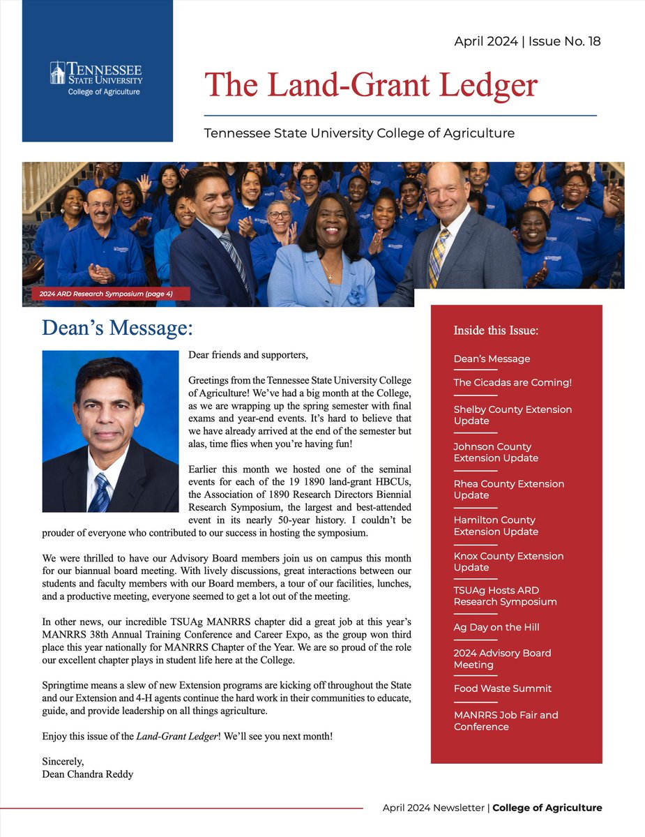 Catch up on all things TSU College of Agriculture with the April 2024 issue of the Land-Grant Ledger! With blurbs on the ARD Symposium, MANRRS 38, Ag Day on the Hill, and more, the Ledger is all you need to stay up on academic, research, and Extension activities at TSUAg! 🚜 👩🏿‍🌾