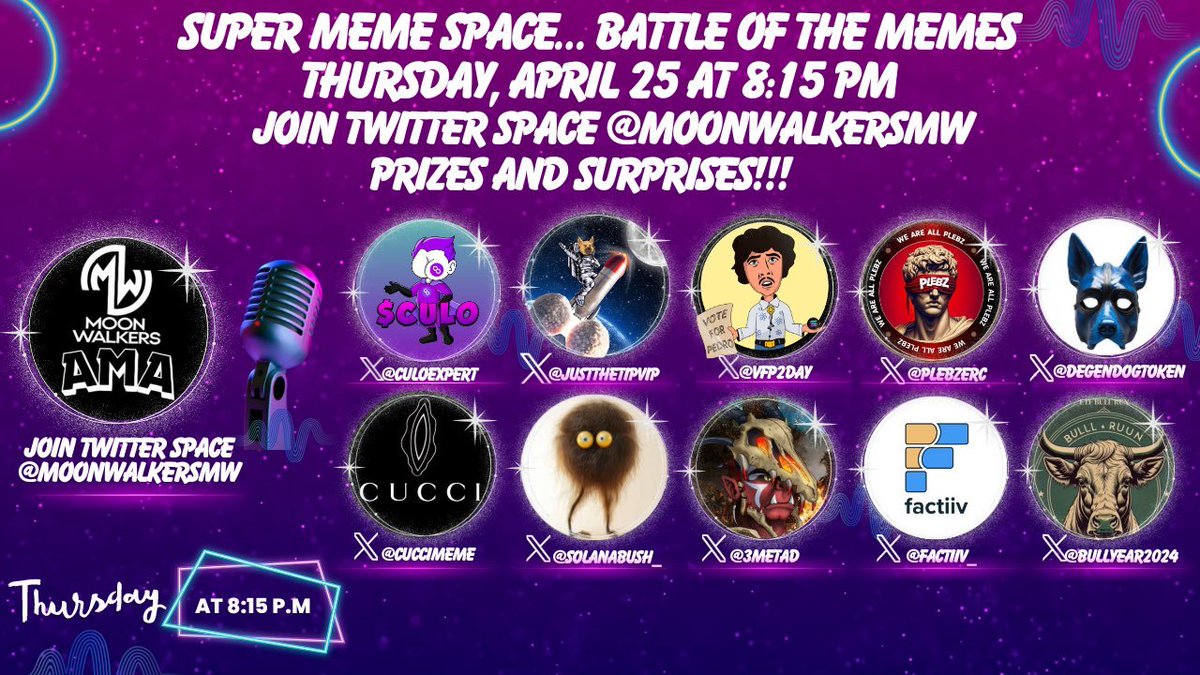 Set your reminder for the Battle Of The Memes!!! 4/25/24 @ 8:15PM $VFP 🗳️💪 @moonwalkersMW x.com/i/spaces/1bdgy… TG t.me/VoteForPedroSol Web voteforpedro.io #CRYPTO #MEME #SOLANA #SOL #VFP #trending @Zetroc0827 @leonbergerslave @BarbaraInu1 @rgb1068