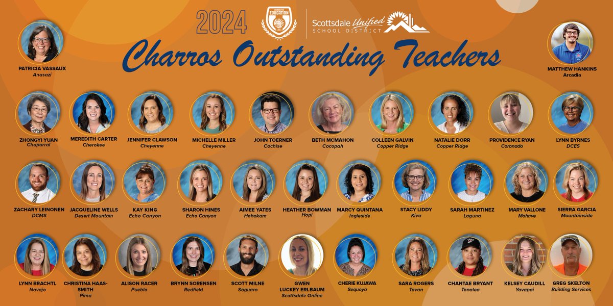 ScottsdaleUSD's tweet image. Congratulations to our 2024 Charros Outstanding Teachers for their dedication and impact on our community. We're proud to honor these incredible educators! 

Thank you for your hard work and commitment to our students! 

#OutstandingTeachers #TeacherAppreciation #BecauseKids