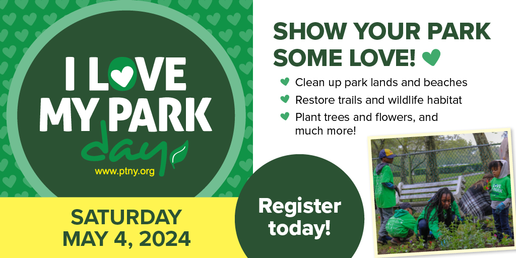 Take action this Earth Week! Register for I Love My Park Day on Saturday, May 4. Help us get ready for the coming season by planting flowers, clearing away trash and invasive species, and more with @PTNY. Register at ptny.org/events/i-love-….