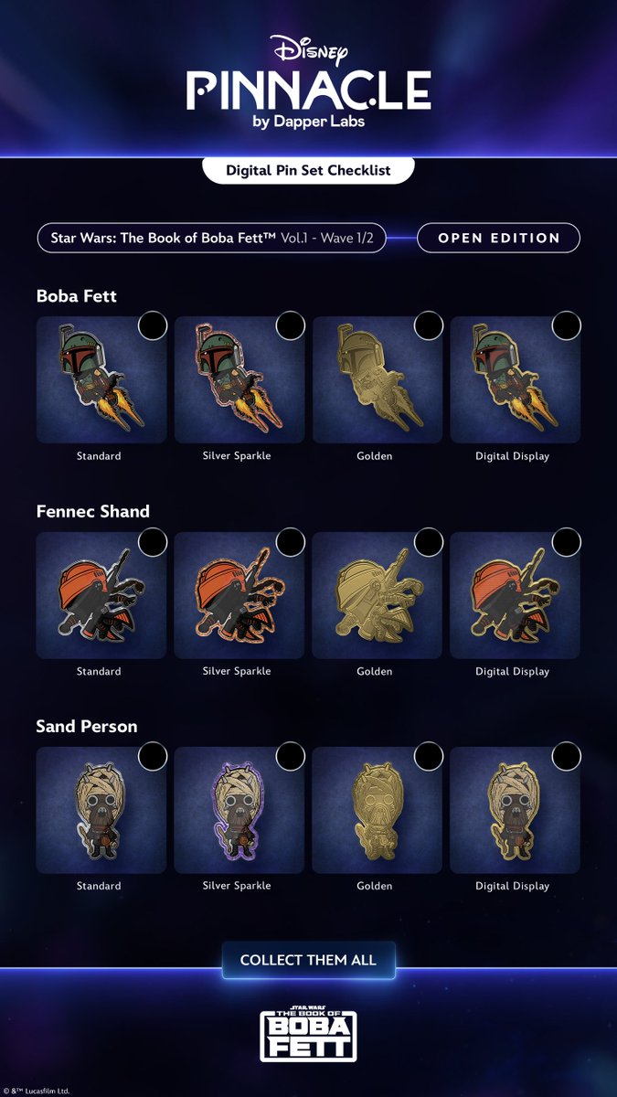 DisneyPinnacle's tweet photo. ✍🏻Now you can track your progress as you collect each digital pin in the Star Wars: The Book of Boba Fett™ Vol.1 set!
1. Download this image⬇️
2. Mark each checkbox as you collect each pin variant✅
3. Show off your progress by sharing on your socials with #DigitalPinSet🎉 https://t.co/solnQMbjpW