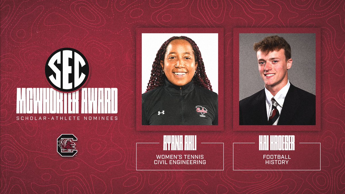 🎓 Announcing @GamecocksOnline's nominees for the 2024 H. Boyd McWhorter Scholar-Athlete Post-Graduate Scholarship award! 🎾 Ayana Akli, @GamecockWTennis 🏈 Kai Kroeger, @GamecockFB 🔗 secsports.social/mcwhorter423