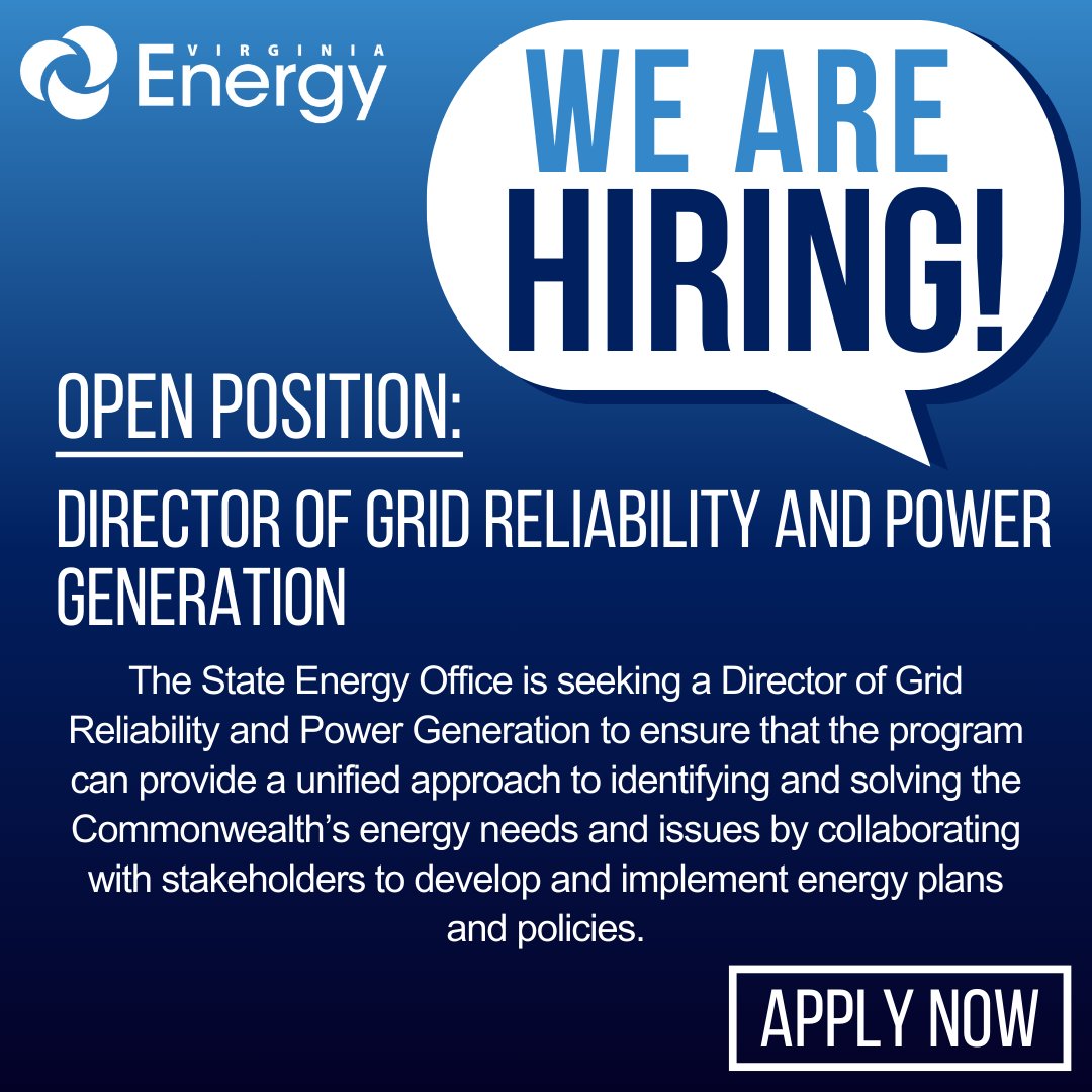 #VirginiaEnergy is #hiring a Director of Grid Reliability and Power Generation! Be sure to apply here: ow.ly/9JMO50R26Uj