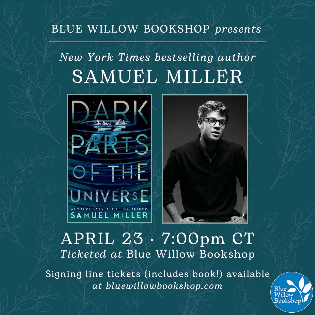 ✨TONIGHT!✨ Join us in the bookshop for an event with @samtwomiller. We'll be celebrating his propulsive and genre-bending YA mystery, DARK PARTS OF THE UNIVERSE. Don't miss it, #Houston! Get your tickets now to join us: bluewillowbookshop.com/event/miller-2… @KTegenBooks @EpicReads