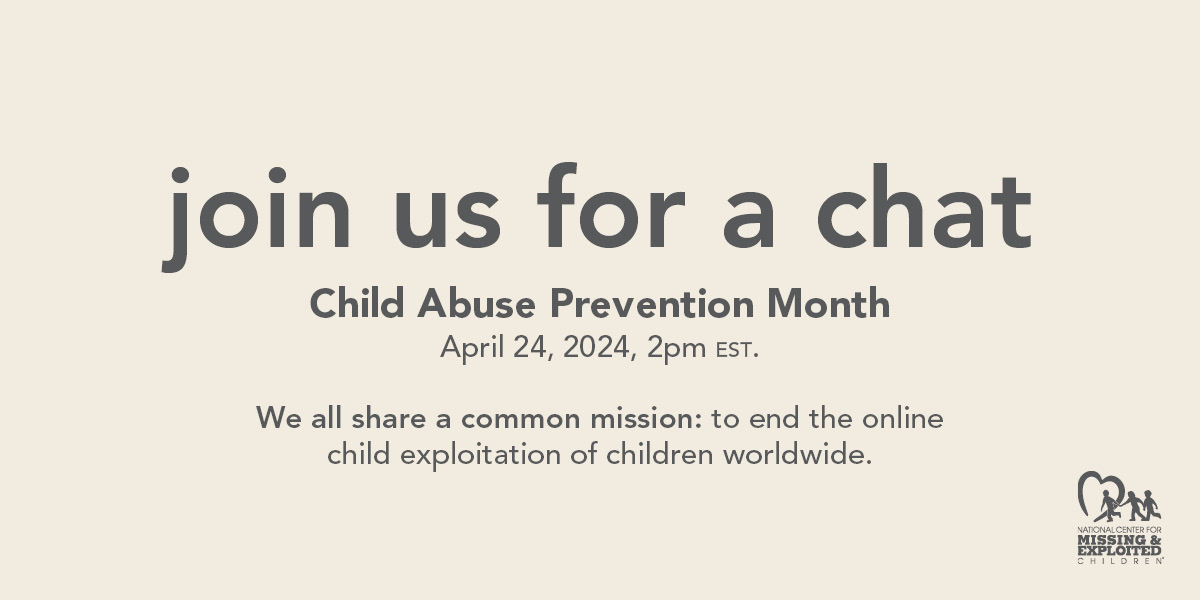 The #FBI is joining @NCMEC for a live chat on 4/24 from 2-3 PM EST in honor of National Child Abuse Prevention Month. We'll join forces to educate the public about online child exploitation and talk about what we can do to stop abuse and support survivors. #CAPM24