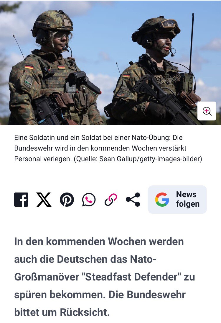 Steadfast Defender
'Standhafter Verteidiger'

Aufmarsch / Truppenverlegung oder Manöver ❓️
Hoffentlich letzteres, man sollte auf alles gefasst sein. 

#SteadfastDefender24 #Nachrichten #Krieg #Manöver #Bundeswehr #Breuer #Pistorius