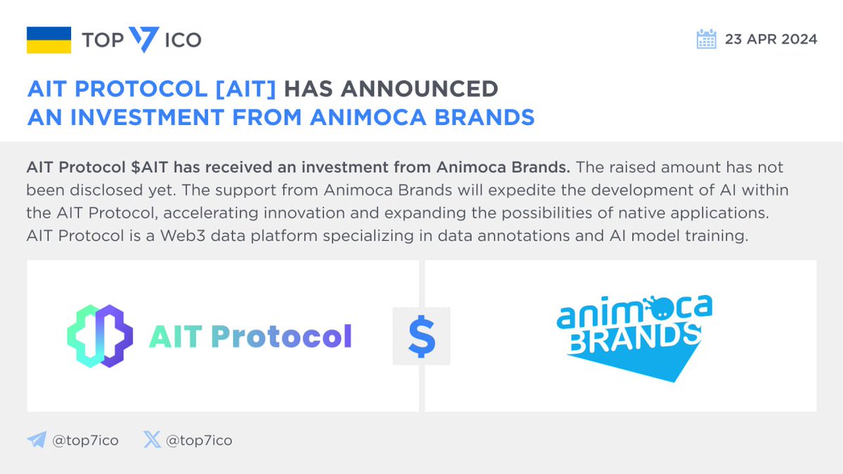 AIT Protocol [AIT] has announced an investment from Animoca Brands @AITProtocol $AIT has received an investment from @animocabrands. The raised amount has not been disclosed yet. The support from #AnimocaBrands will expedite the development of AI within the @AITProtocol,