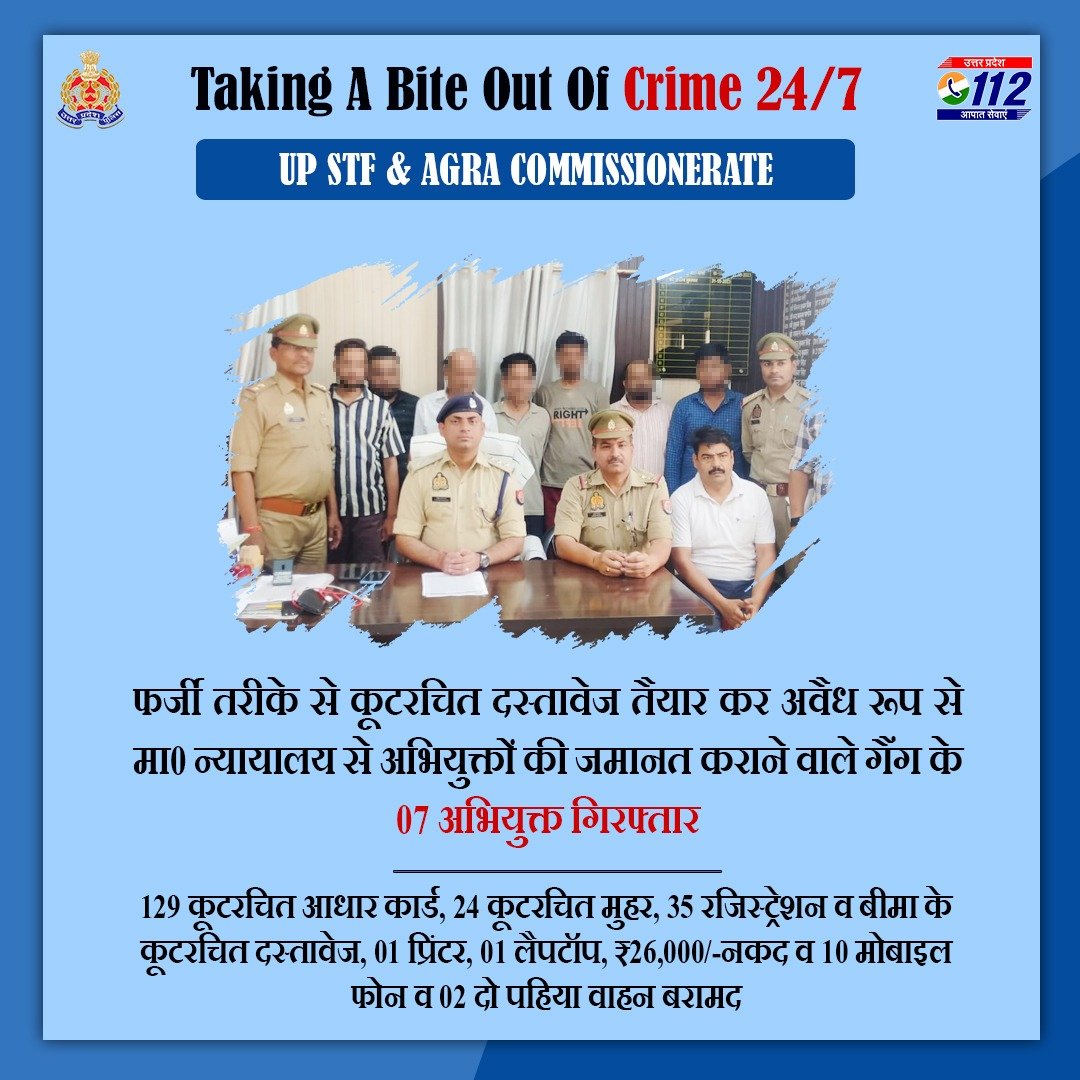 Zero Tolerance Against Fraudsters- @uppstf एवं @agrapolice के संयुक्त ऑपरेशन द्वारा फर्जी तरीके से कूटरचित दस्तावेज तैयार कर मा0 न्यायालय से अभियुक्तों की जमानत कराने वाले 07 अभियुक्तों को गिरफ्तार करते हुए उनके कब्जे से 129 कूटरचित आधार कार्ड बरामद किये गए हैं। #WellDoneSTF