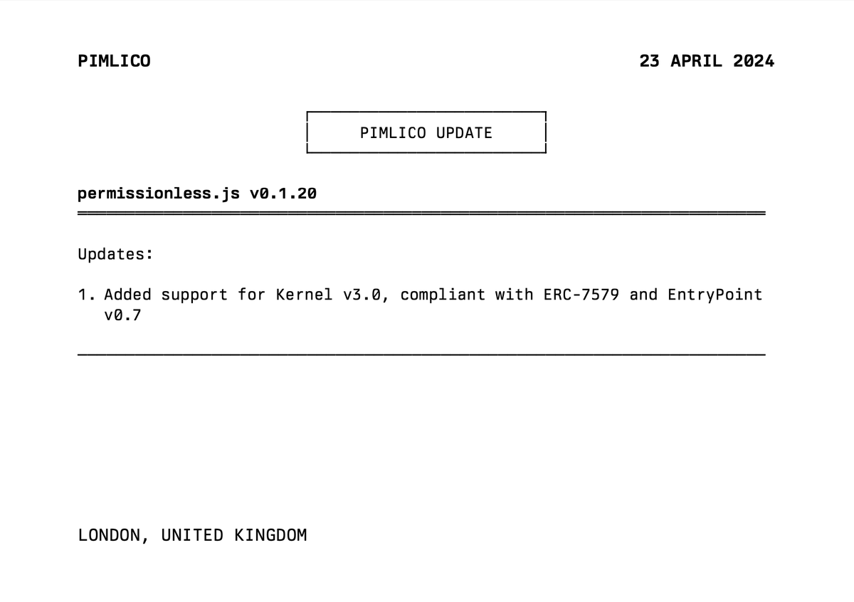 permissionless v0.1.20 released this is a big one! this new update enables support for Kernel v3.0 (by @zerodev_app), which is fully ERC-7579 and EntryPoint v0.7 compliant