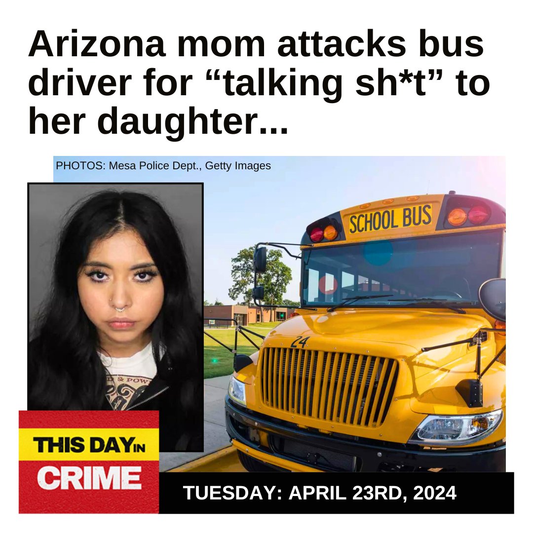 thisdayincrime_'s tweet photo. You saw that right. An angry mom stormed onto the school bus and assaulted the bus driver during a school drop-off, causing the 64-year-old bus-driver's pace-maker to shock her!

This and more on today's show.

#bizarrecrimes #schoolcrimes #crimenews #arizona #angrymoms https://t.co/wmOntevwob