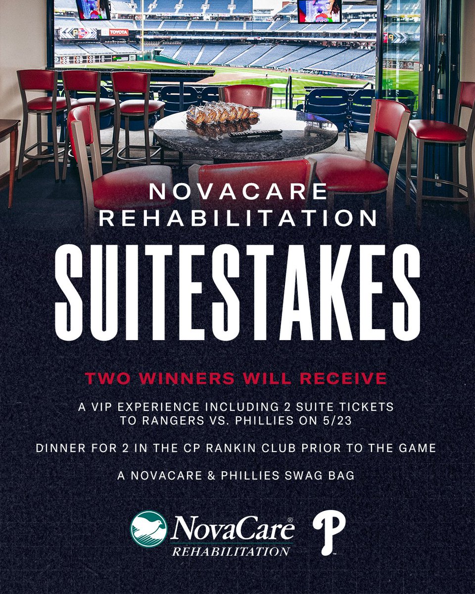 Now is your chance to enter to win a VIP experience when the Phils take on the Rangers on May 23 👀 Enter the NovaCare Rehabilitation Suitestakes today! ➡️ atmlb.com/448uHsF