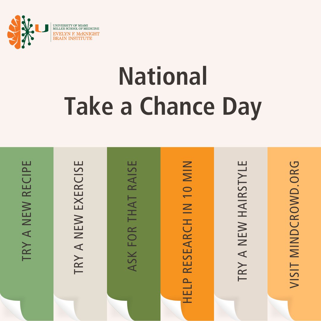 Today is #NationalTakeAChanceDay! Step out of your comfort zone and try something new to challenge your brain. Taking chances can stimulate brain activity and promote cognitive function. Embrace the opportunity for growth! #BrainBoost #HealthyAging  @UMiamiNeuro @PrecisionAging