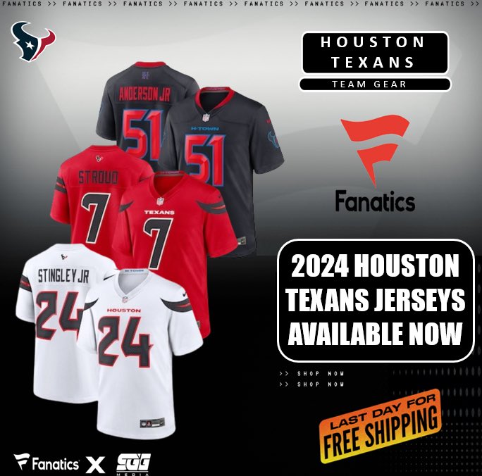 HOUSTON TEXANS 2024 JERSEYS AVAILABLE NOW, @Fanatics ✅ TEXANS FANS‼️Be the first to get your Houston Texans 2024 jerseys. Purchase today and receive FREE SHIPPING using THIS PROMO LINK: fanatics.93n6tx.net/TEXANSDEAL 📈 ACT WHILE SUPPLIES LAST! 🤝