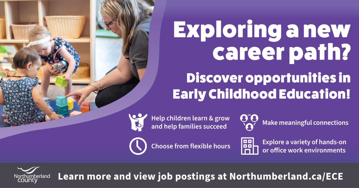 Exploring a new career path? Become an Early Childhood Educator and help positively impact the lives of children and families in Northumberland! 👉 Learn more about #ECE and #EA career opportunities in Northumberland by visiting Northumberland.ca/ECE.