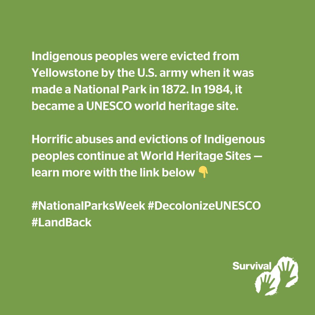 This #NationalParkWeek, let's talk about the violent histories of National Parks. Horrific abuses and evictions of Indigenous peoples continue in National Parks, many of which are also designated UNESCO world heritage sites — learn more about this 👉 svlint.org/Unescoreport