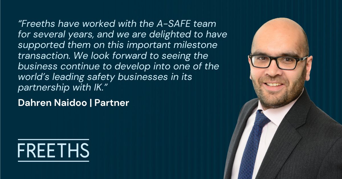 We are proud to have advised long standing client @ASAFE_UK, a global leader in the design, manufacture, and distribution of industrial polymer safety barrier systems, on its minority investment by @IK_Partners 🤝 freeths.co.uk/insights-event… #CorporateDeals #MinorityInvestment