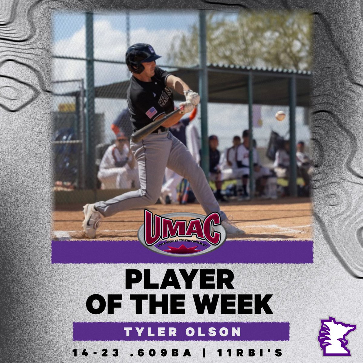 🚨Tyler Olson 🚨 Olson received his first UMAC player of the week nomination after an incredible week at the plate 14-23 | .609BA | 11RBI’s 🐻‍❄️🧊