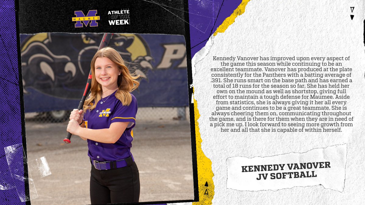Kennedy Vanover, JV Softball Athlete of the Week #WeAreMaumee #PantherFamily