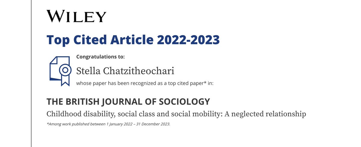 Nice to hear that our paper on Childhood Disability, Social Class and Social Mobility funded by @LeverhulmeTrust is one of the top 10 cited paper in @BJSociology We look forward to new Next Steps data @CLScohorts to continue this work onlinelibrary.wiley.com/doi/10.1111/14…