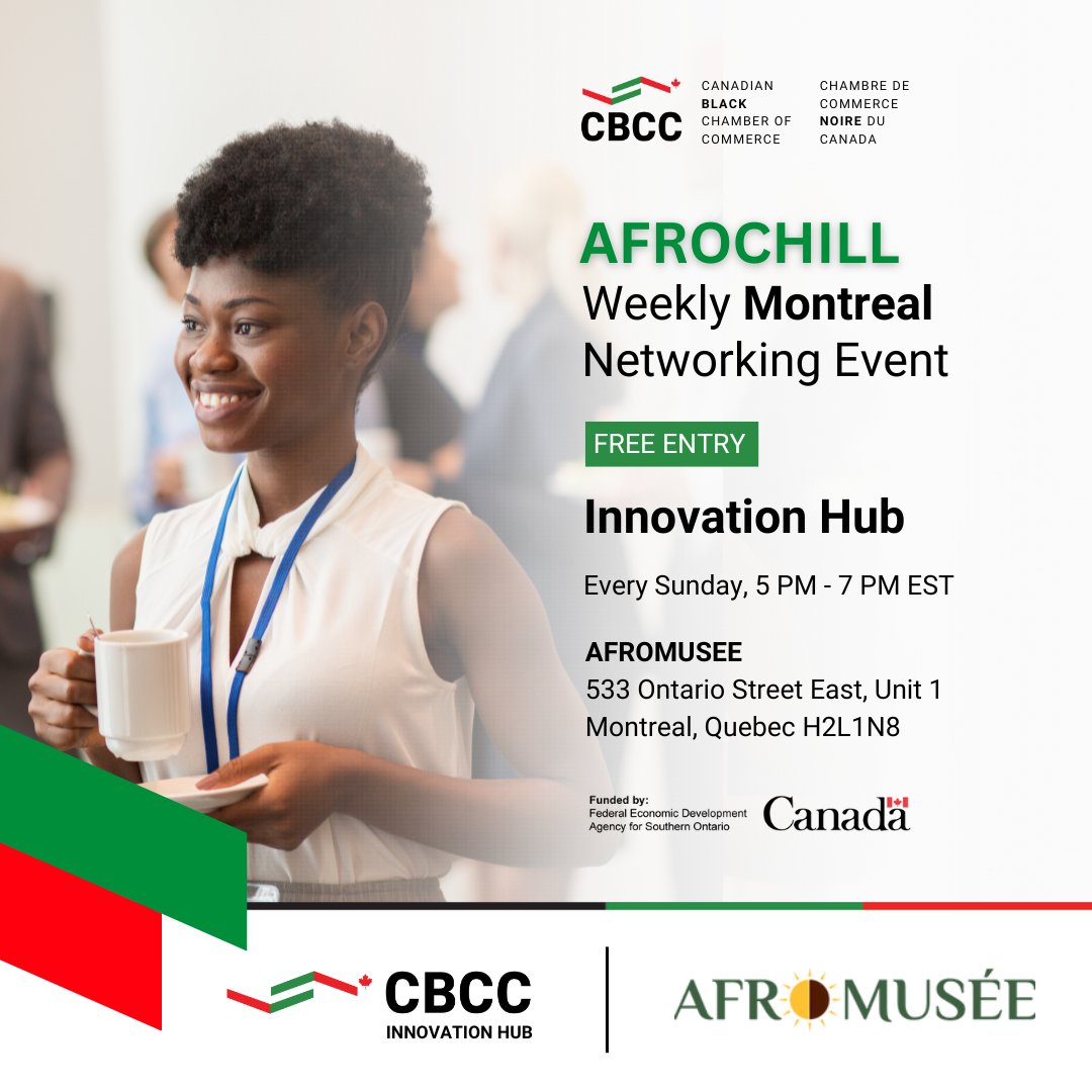 Networking just got a lot easier with AFROCHILLING – our new and weekly in-person gathering presented by the Montreal Innovation Hub! Join us on April 28, 2024, and every Sunday after that. See you there! #MontrealInnovationHub #BlackBusiness