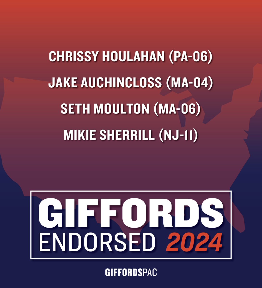 Today, we’re proud to endorse @HoulahanForPa, @JakeAuch, @SethMoulton, and @MikieSherrill for reelection! As veterans, they’ve seen the destructive power of firearms and understand the urgency of this moment. They’re the leaders we need in DC protecting our communities.