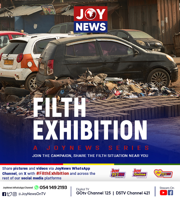 JoyNewsOnTV's tweet photo. Heaps of refuse border a fitting shop, completely fused with the sands, spilling into a drain at Accra New Town.
What has become of the government's drive to make Accra the cleanest city in Africa?
Share your #Filthexhibition stories with us via DM, the hashtag and on WhatsApp number 054 149 2193