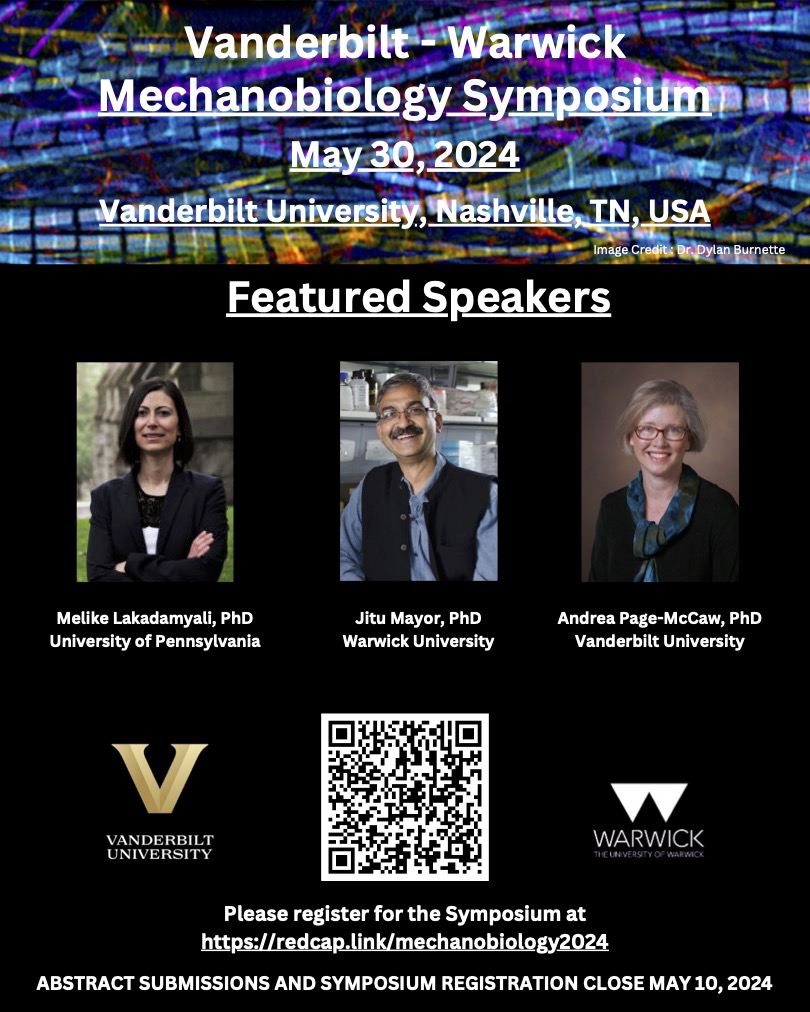 We hope you will join us for the Vanderbilt - Warwick Mechanobiology Symposium @TheVCoM @Warwick_CMCB @VUBasicSciences @VUEngineering @VanderbiltCDB